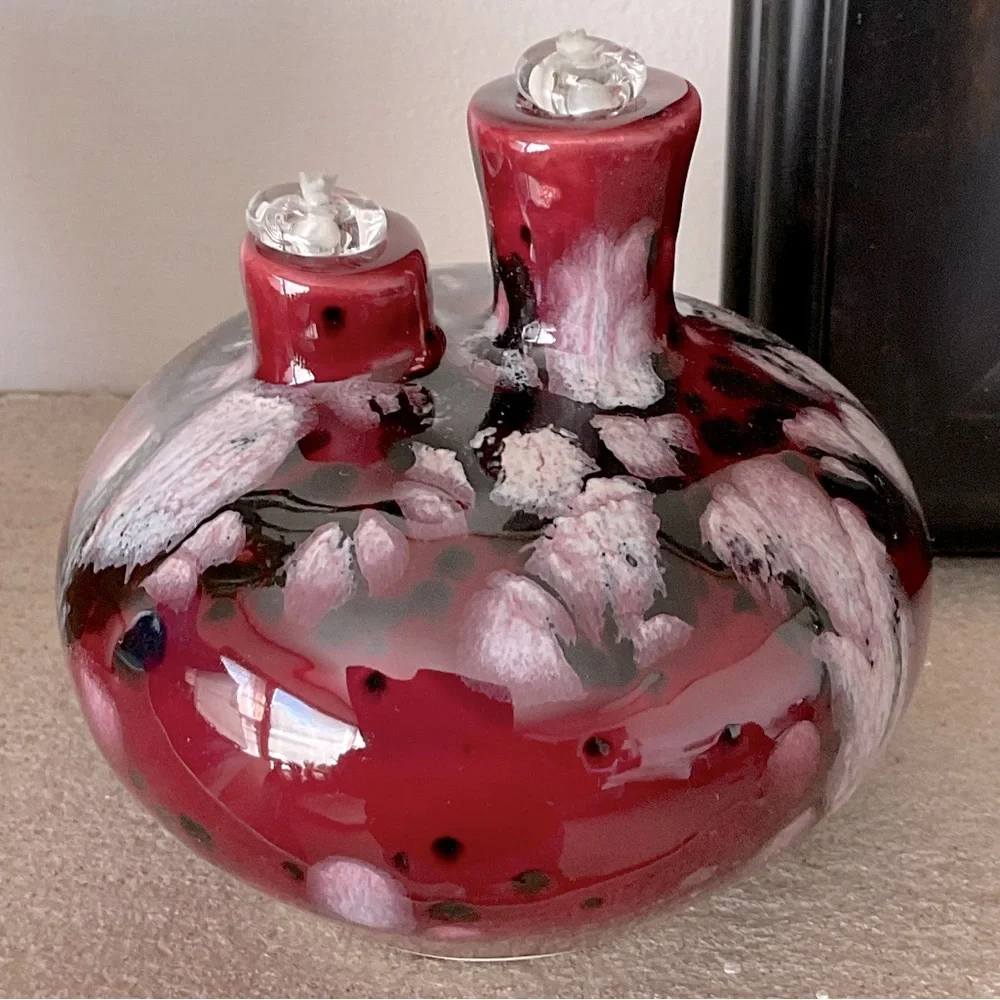 MARY LATTERMAN Studio Art Double Oil Candle Southwest Pueblo Design Drip Glaze